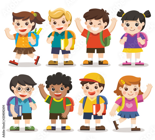 Back to school. Cute kids go to school , Set of diverse Kids and Different nationalities, isolated on white background. Isolated vector