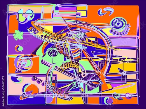 abstract composition ,fancy curved intricate shapes ,orange purple on blue background