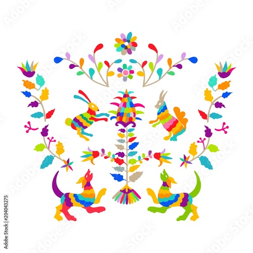 Vector folk Mexican Otomi Style embroidery Pattern set. Folk embroidery ornament elements.