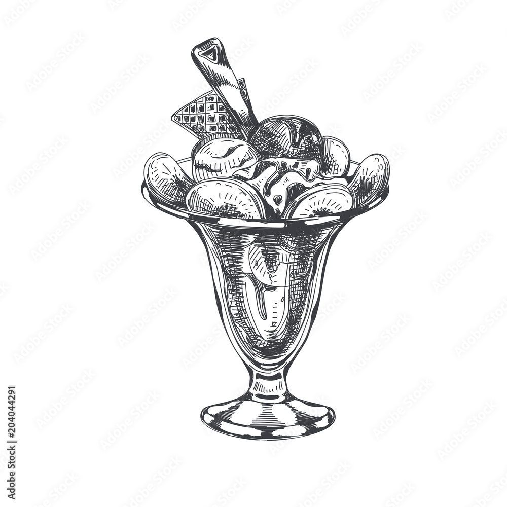 Beautiful vector hand drawn ice cream in a glass Illustration. Beautiful vector hand drawn ice cream in a glass Illustration.