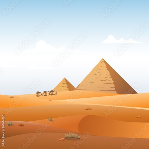 Camel caravan in wild Africa pyramids landscape background