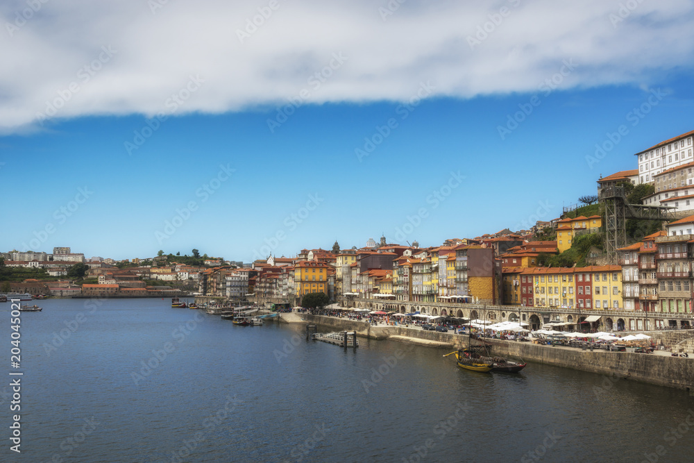 Embankment of Douro River. Colorful houses of Porto. Portugal.