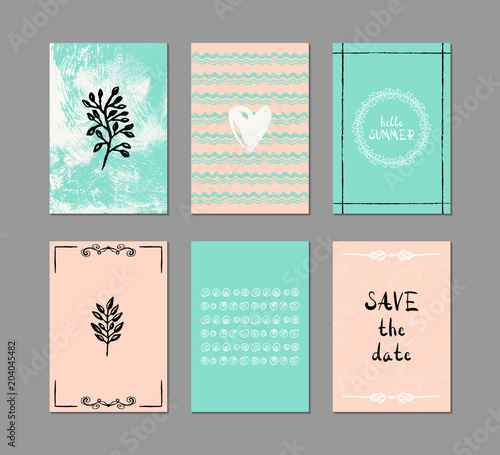 Set of 6 creative greeting cards. Hand-drawn inky patterns.