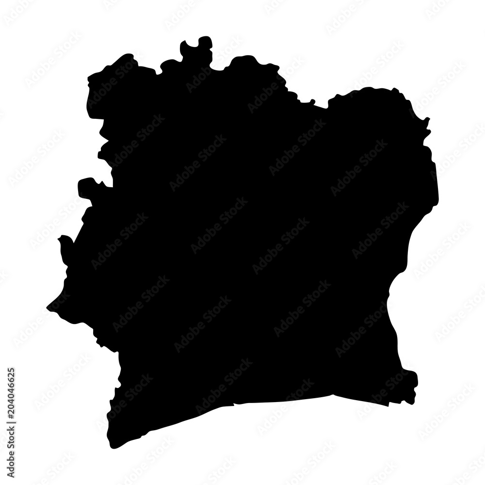 black silhouette country borders map of Ivory Coast on white background. Contour of state. Vector illustration black silhouette country borders map of Ivory Coast on white background. Contour of state. Vector illustration
