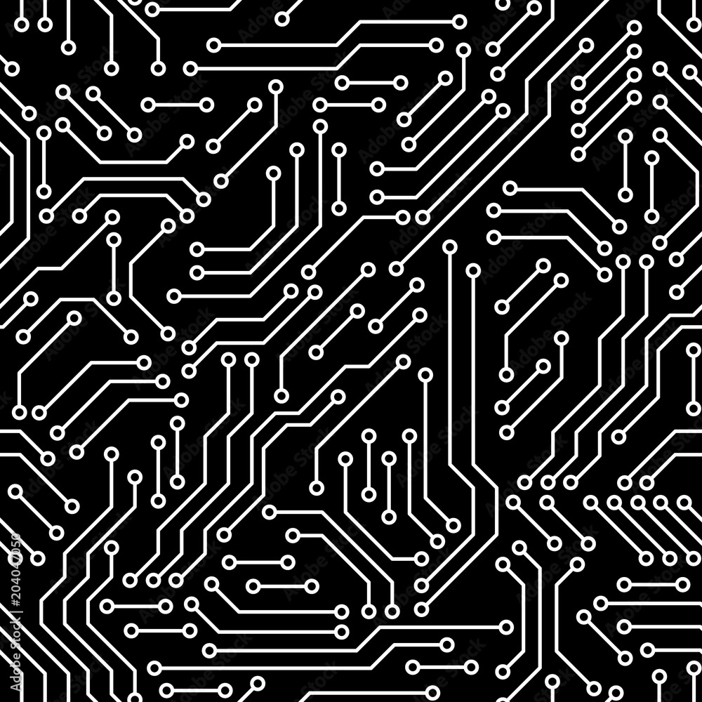 Printed circuit board black and white computer technology seamless pattern, vector Printed circuit board black and white computer technology seamless pattern, vector