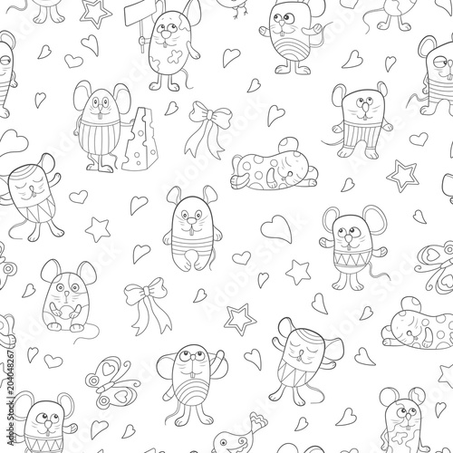 Seamless pattern with funny cartoon contour mouses ,the dark outlines on a white background