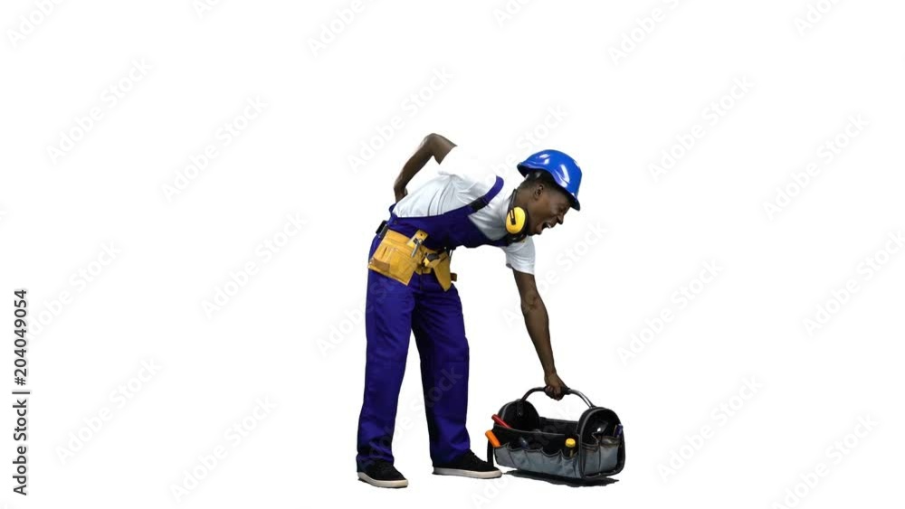 Builder takes a box of tools, his back hurts. Alpha channel Builder takes a box of tools, his back hurts. Alpha channel