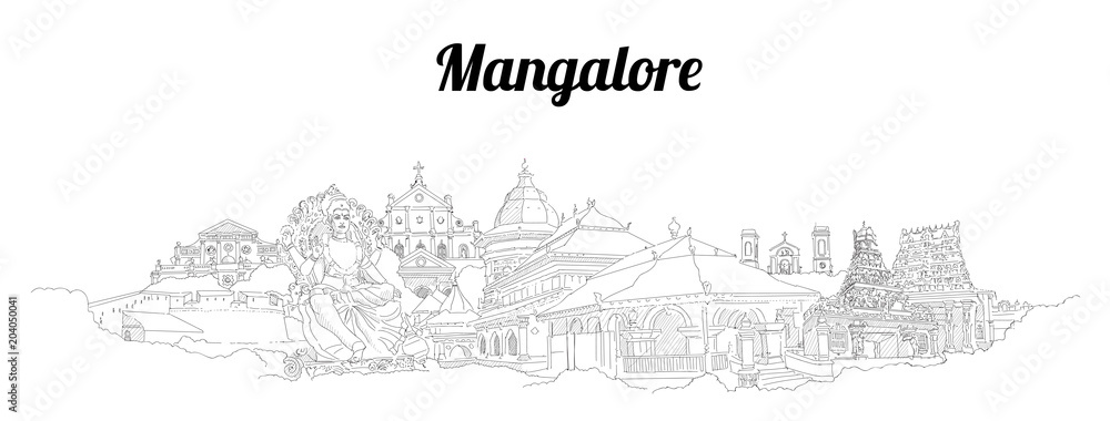 Mangalore city vector panoramic hand drawing sketch illustration