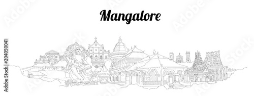 Mangalore city vector panoramic hand drawing sketch illustration