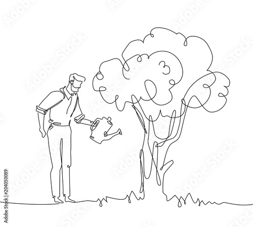 Man watering the tree - one continuous line design style illustration