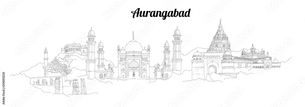 AURANGABAD city vector panoramic hand drawing illustration