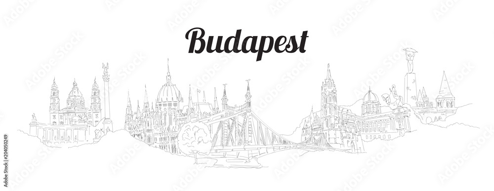 Fototapeta premium BUDAPESZT miasta ręcznie rysunek panoramiczny szkic ilustracji