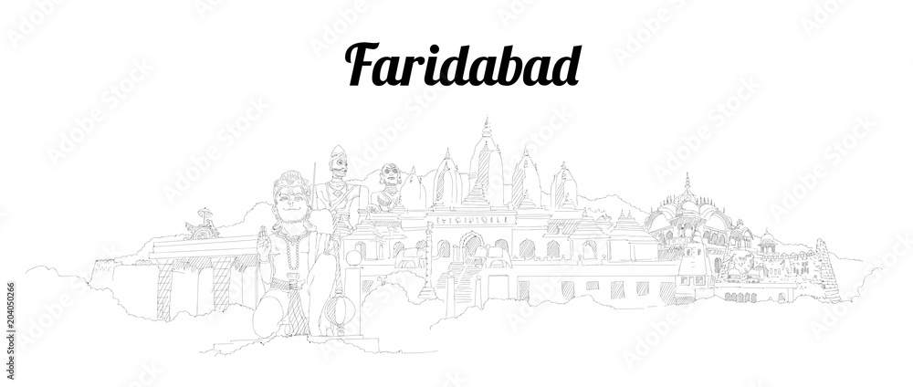 Faridabad city vector panoramic hand drawing sketch illustration