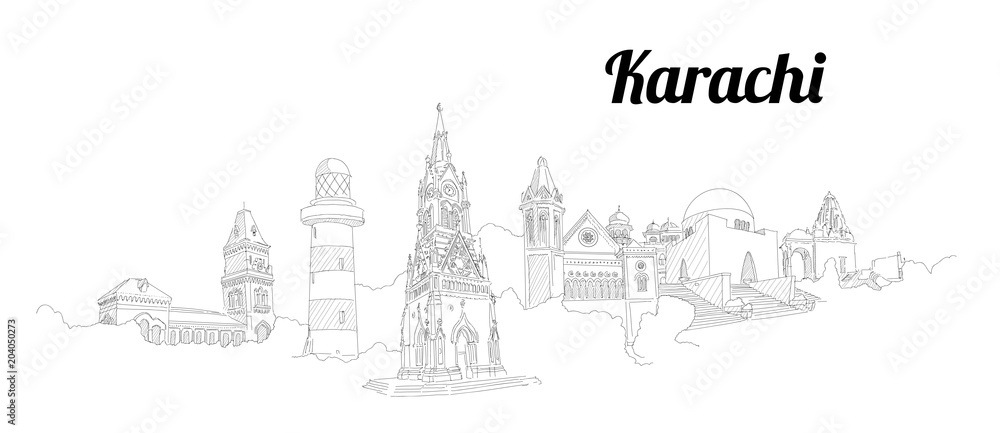 Naklejka premium KARACHI city vector panoramic hand drawing illustration