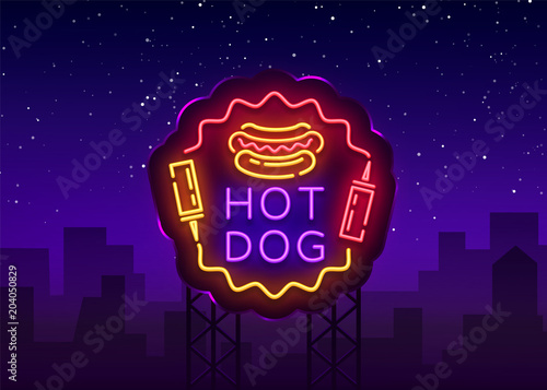 Hot Dog neon sign vector. Hot dog logo in neon style design template, night neon emblem, light banner, bright signboard, light night advertising of fast food for cafe, restaurant, snack bar. Billboard
