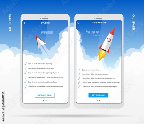 Mobile app design template for price list set, tariff plan, pricing table for business with icons and illustrations. Clean modern UI UX design. Can be used in web interface. Vector, eps 10