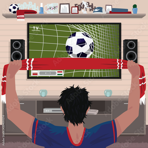 Football fan rejoices at the goal. Viewing soccer game at home on big TV. Interior room of football fan. Realistic cartoon style