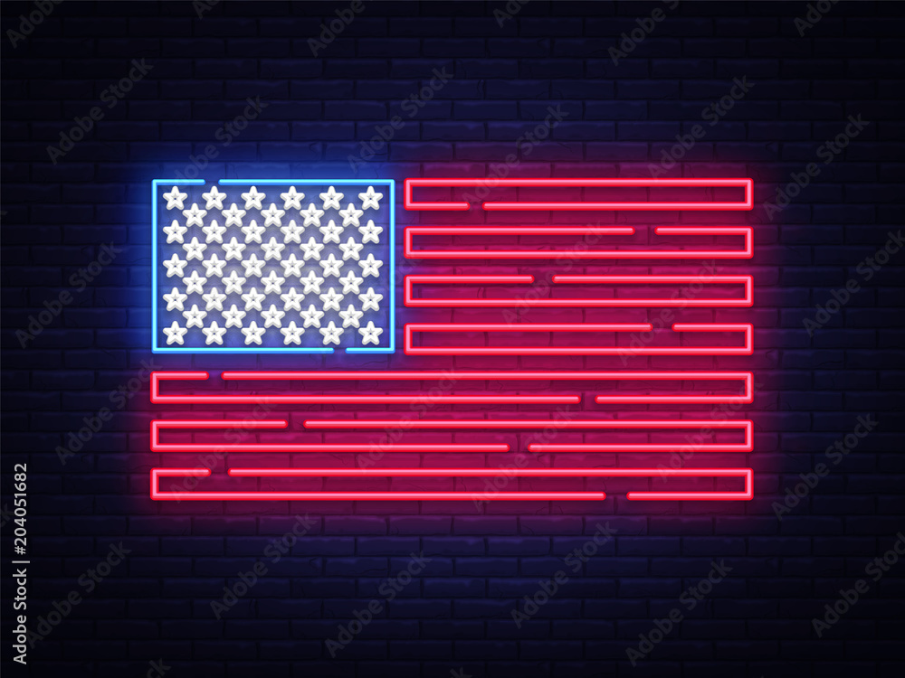 USA flag neon sign. Night bright Signboard USA flag. USA flag vector