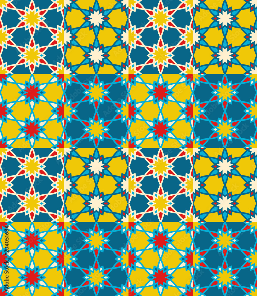 Fototapeta premium Seamless pattern tiled ornament. Floral textile print. Islamic vector design. Oriental background with abstract flowers. Hexagonal patchwork swatch. Stained glass vitrage.