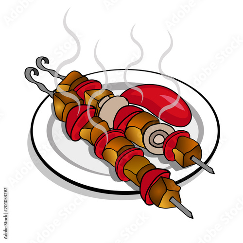 Delicious fried meat on skewers with ketchup tomatoes champignons on the plate on a white background.