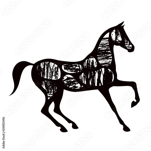 Black horse silhouette with hand drawing grunge artistic strokes. Vector art with charcoal abstract style. Equestrian sport illustration.