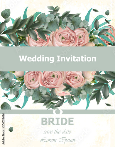 Wedding Invitation Peonies bouquet Vector. Vintage floral decor pink colors