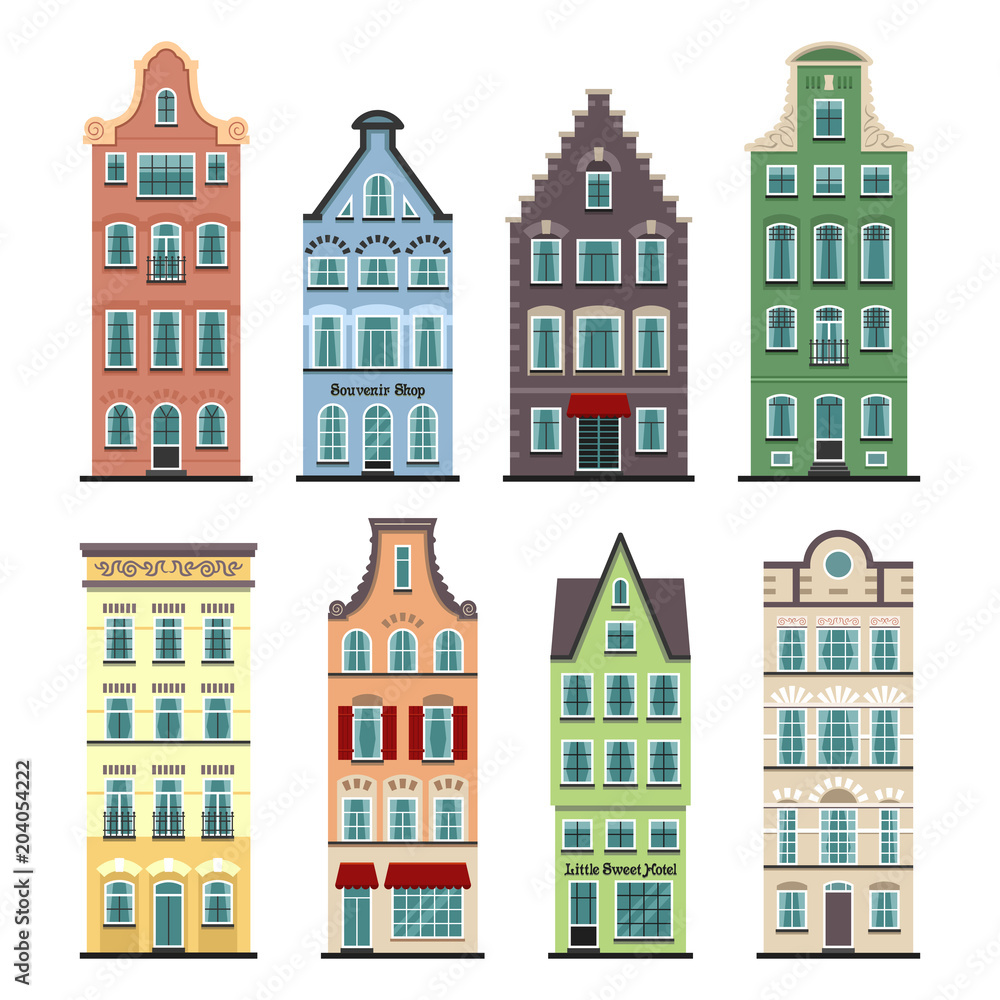 Set of 8 Amsterdam old houses cartoon facades. Traditional architecture of Netherlands. Colorful flat isolated illustrations in the Dutch style.