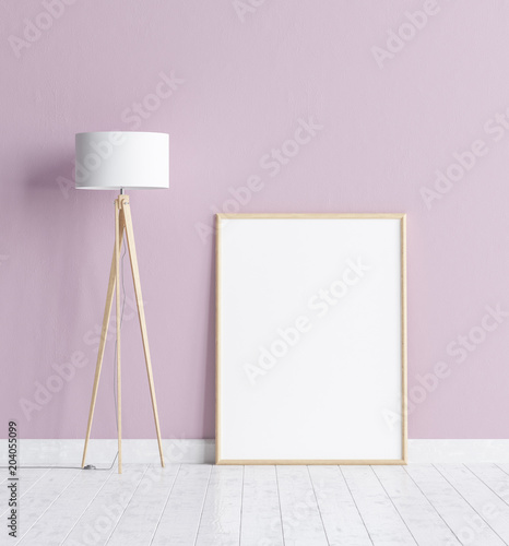 Mock up poster frame in interior background with pink wall,white wooden floor and floor lamp, 3d render