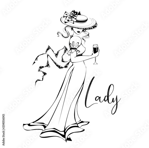 Beautiful girl in a hat with a glass of wine .Lady. Inscription.