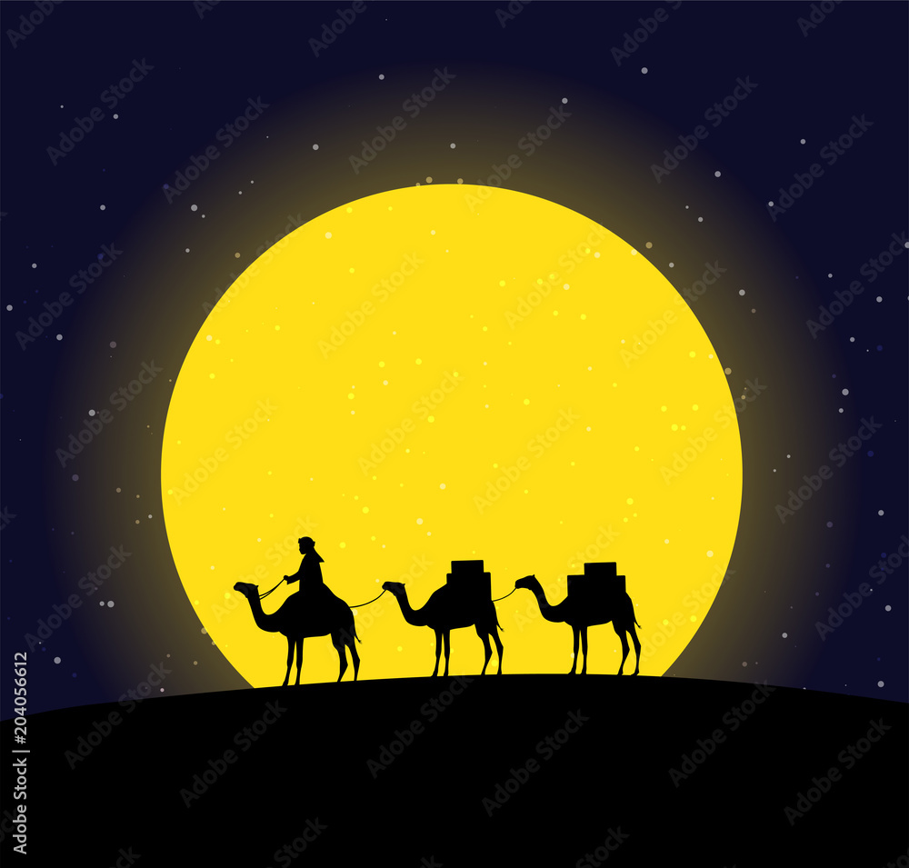 Camels in the desert night, moon, paper art