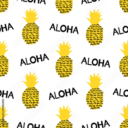 Seamless pattern with creative pineapple and word Aloha.