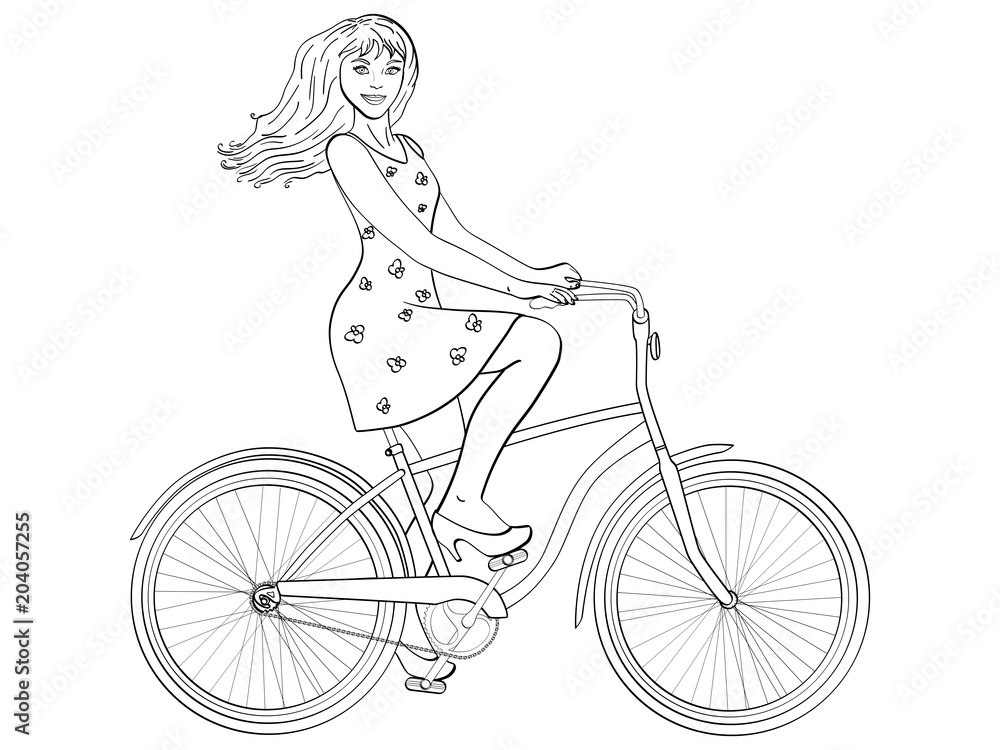 Isolated object on white background point. with sun rays. Young beauty woman ride bicycle retro vector. Children coloring book Isolated object on white background point. with sun rays. Young beauty woman ride bicycle retro vector. Children coloring book