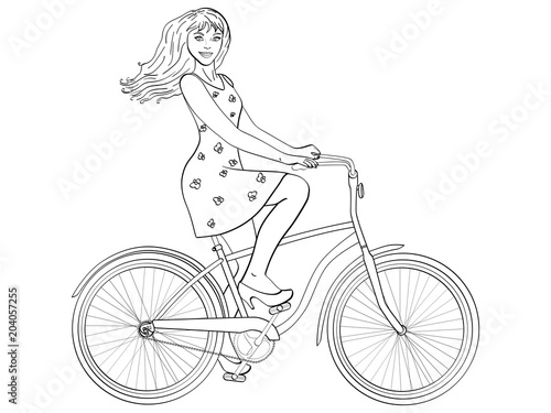 Isolated object on white background point. with sun rays. Young beauty woman ride bicycle retro vector. Children coloring book