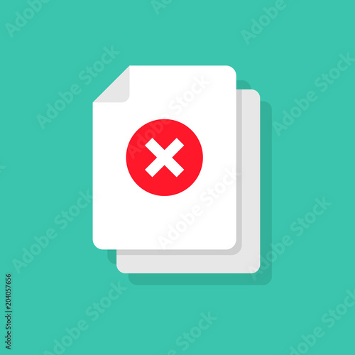 Document and cross vector icon Concept or incorrect form or rejection symbol. Flat cartoon paper doc page with reject tick sign, folded sheet with failure or passed verification data.