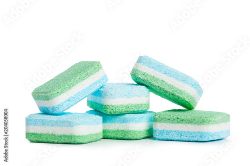 Dishwasher tablets on a white background