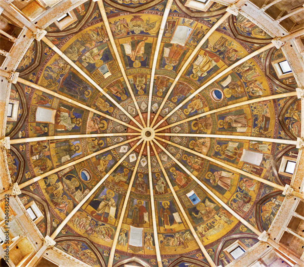 PARMA, ITALY - APRIL 16, 2018: The cupola with the frescoes  in byzantine iconic style in Baptistery probably by  Grisopolo from 13. cent.