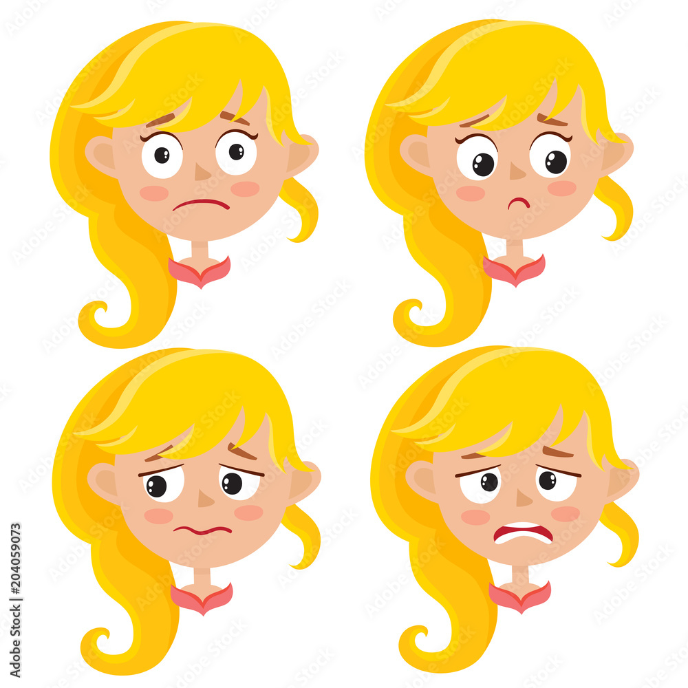 Set of blonde girl upset face expression isolated on white Set of blonde girl upset face expression isolated on white