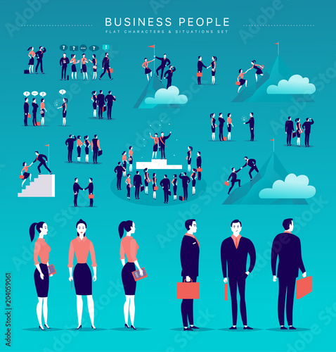 Vector flat illustration with business people office characters & metaphor isolated on blue background. Concept portraits for different business situations - partnership, idea, achievement, aspiration