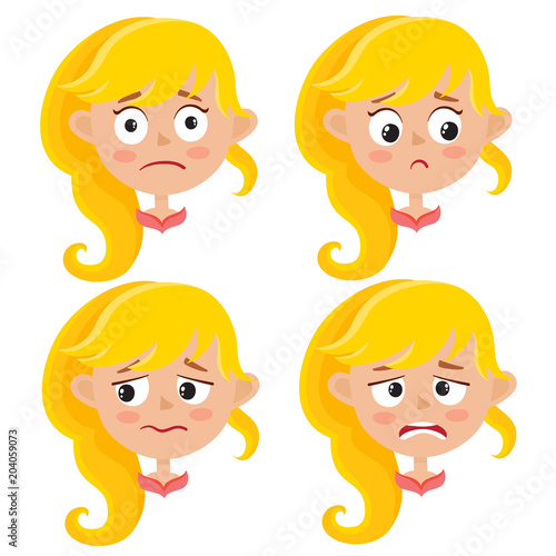 Set of blonde girl upset face expression isolated on white