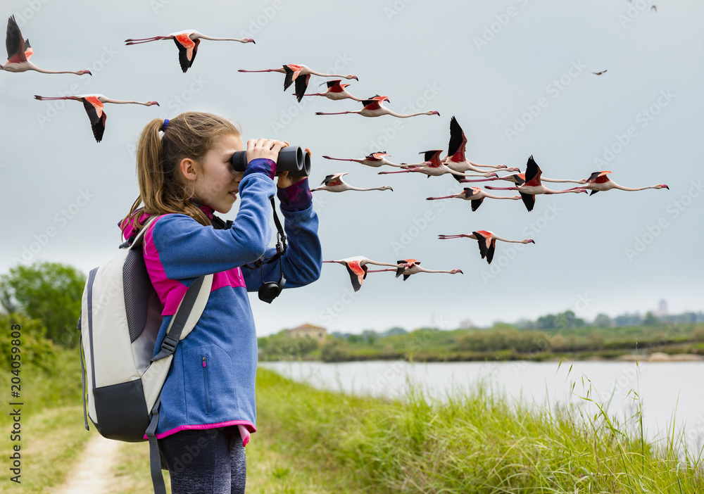 Obraz premium Młoda dziewczyna obserwowanie ptaków
