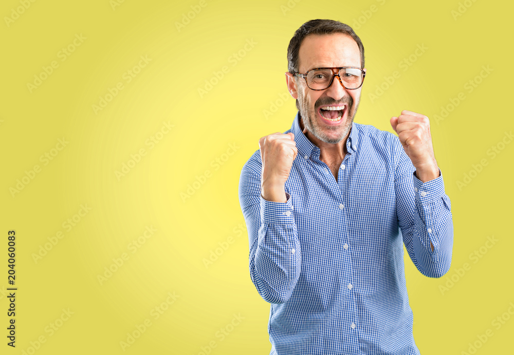 Handsome middle age man happy and excited expressing winning gesture. Successful and celebrating victory, triumphant Handsome middle age man happy and excited expressing winning gesture. Successful and celebrating victory, triumphant