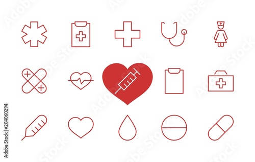 Set of medicine vector line icons. It contains the first aid kit, nurse, syringe, thermometer, plastic, pills, heart, drop of blood, palpitation and much more. Editable move. 32x32 pixels.