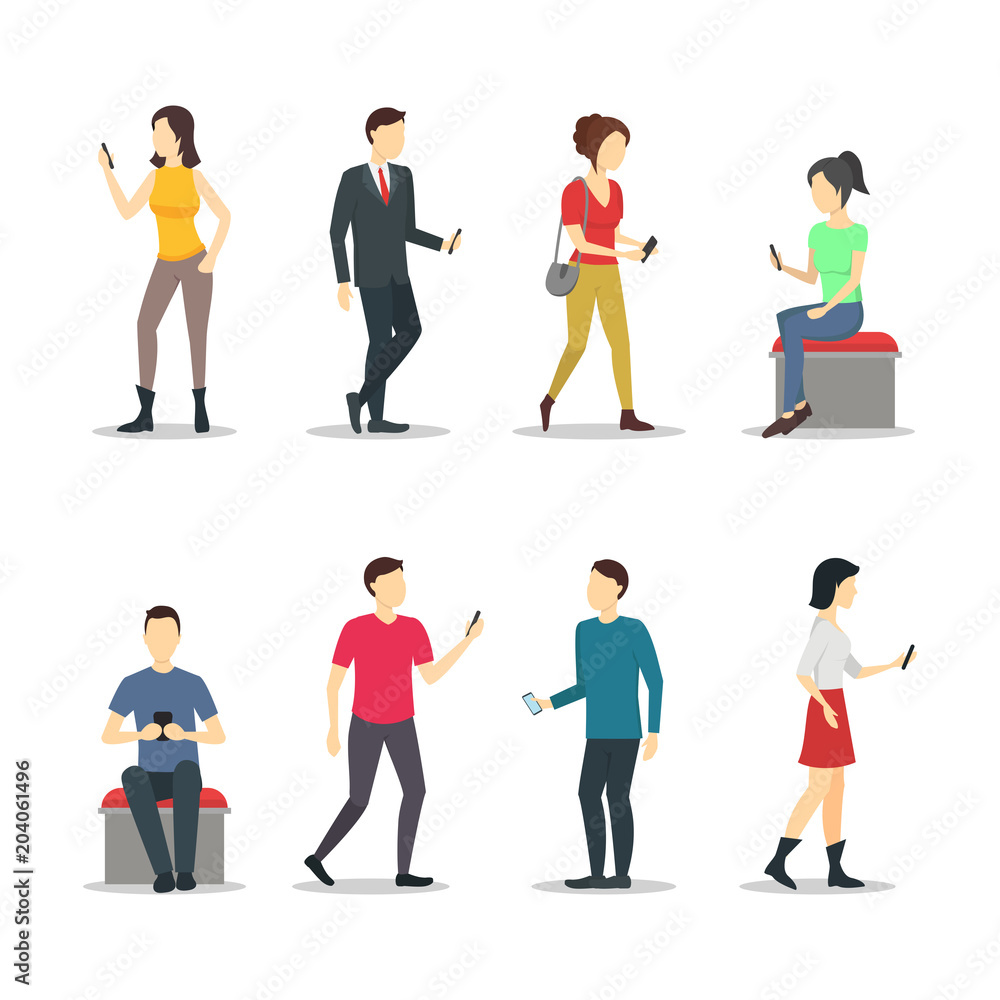 Cartoon Characters People Watch Cell Phones Set. Vector