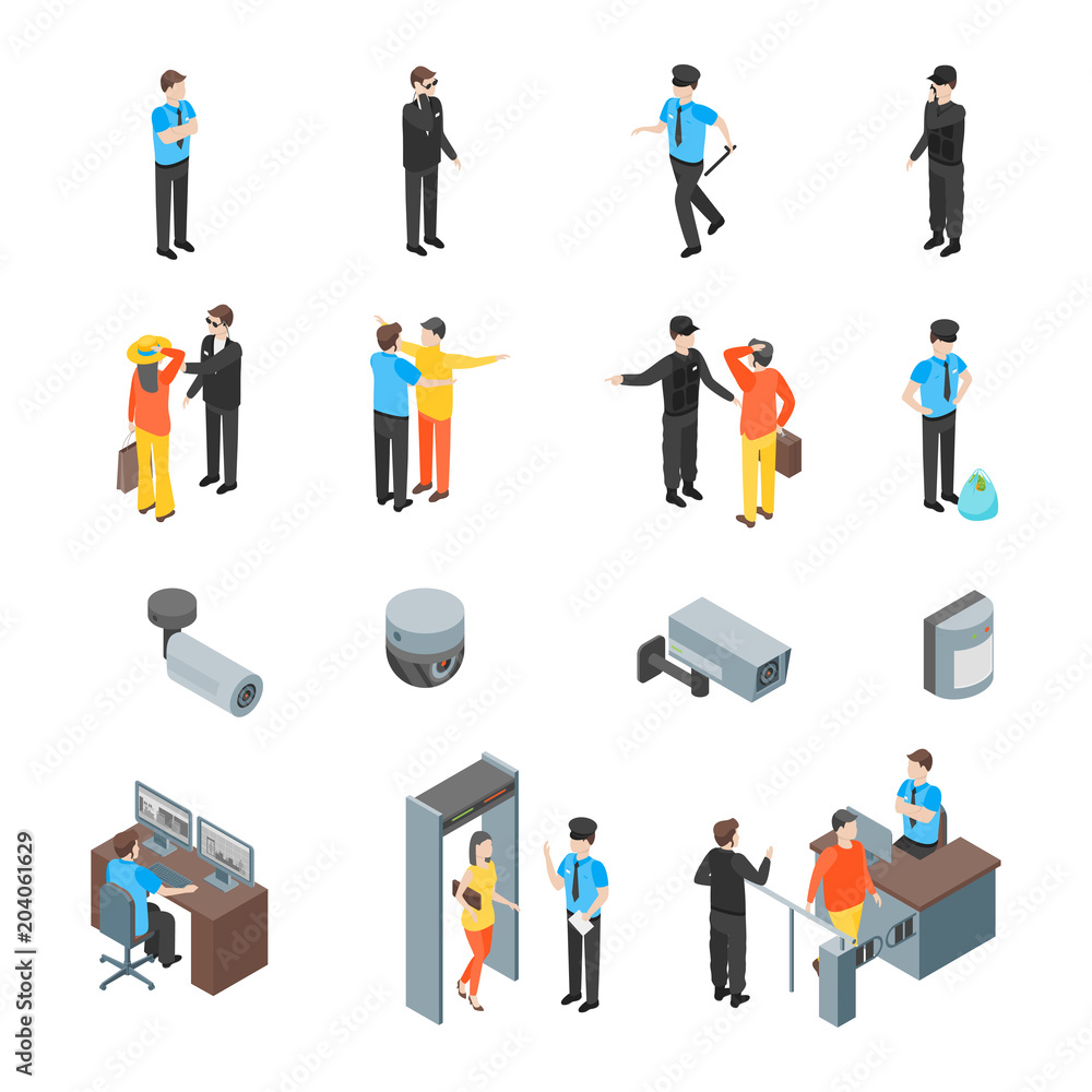Security System People and Equipment 3d Icons Set Isometric View. Vector