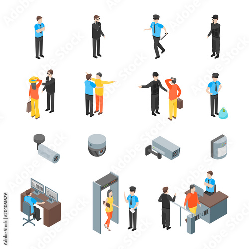 Security System People and Equipment 3d Icons Set Isometric View. Vector