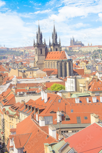 Beautiful view of the Old Town Square, and Tyn Church and St. Vitus Cathedral in Prague, Czech Republic