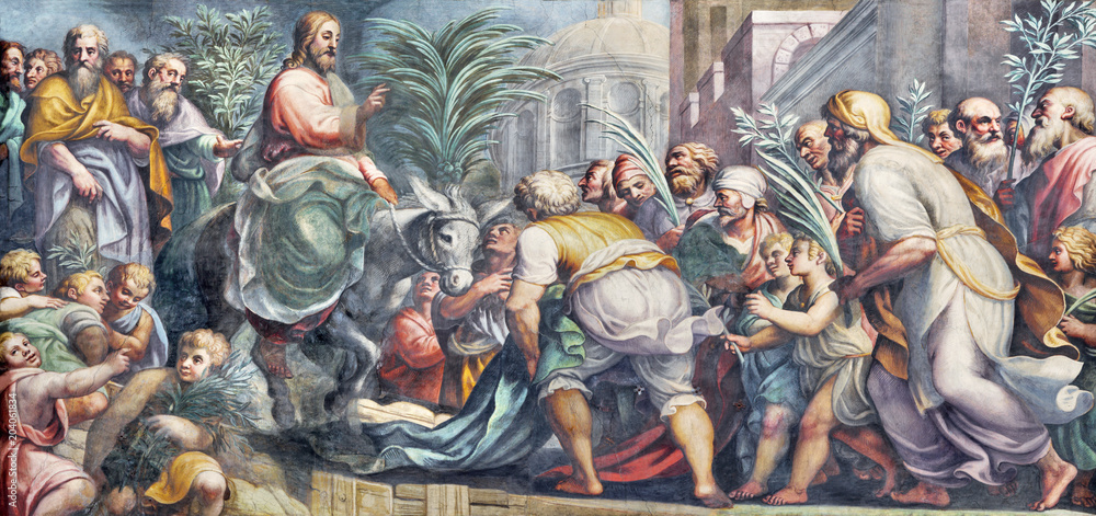 Naklejka premium PARMA, WŁOCHY - 16 kwietnia 2018: Fresk wejścia Jezusa w Jerozolimie (Palm Sundy) w Duomo przez Lattanzio Gambara (1567 - 1573).