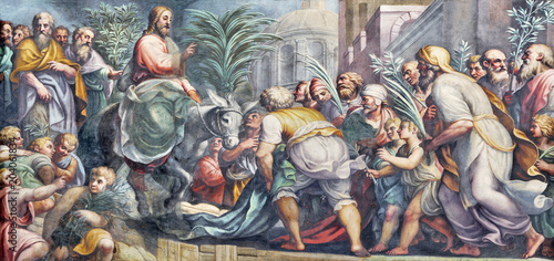 PARMA, ITALY - APRIL 16, 2018: The fresco of Entry of Jesus in Jerusalem (Palm Sundy) in Duomo by Lattanzio Gambara (1567 - 1573).