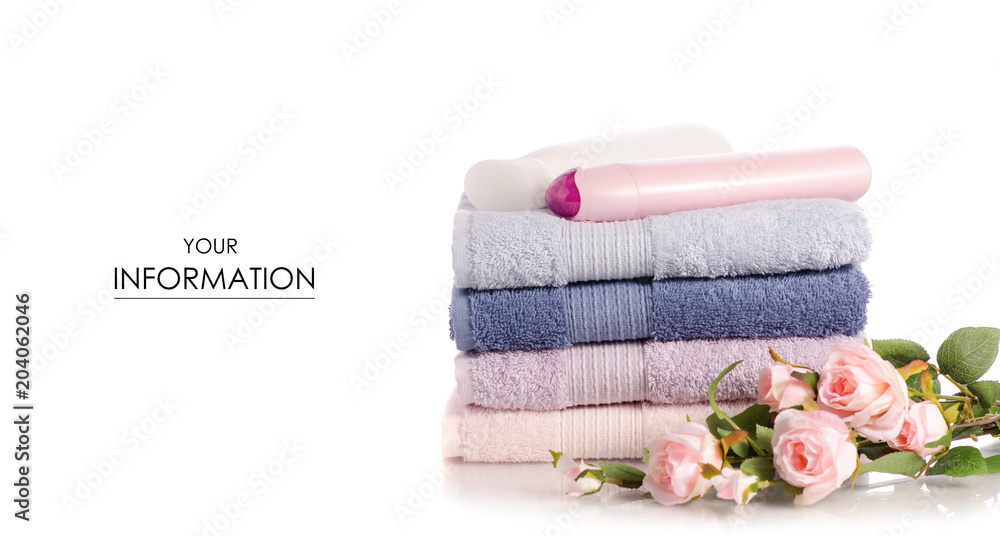 A stack set towels plastic bottle with cosmetic cream lotion gel for body flower pattern A stack set towels plastic bottle with cosmetic cream lotion gel for body flower pattern