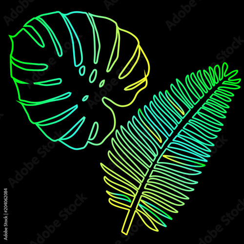 Contour vector - tropical leaves - neon gradient mockup